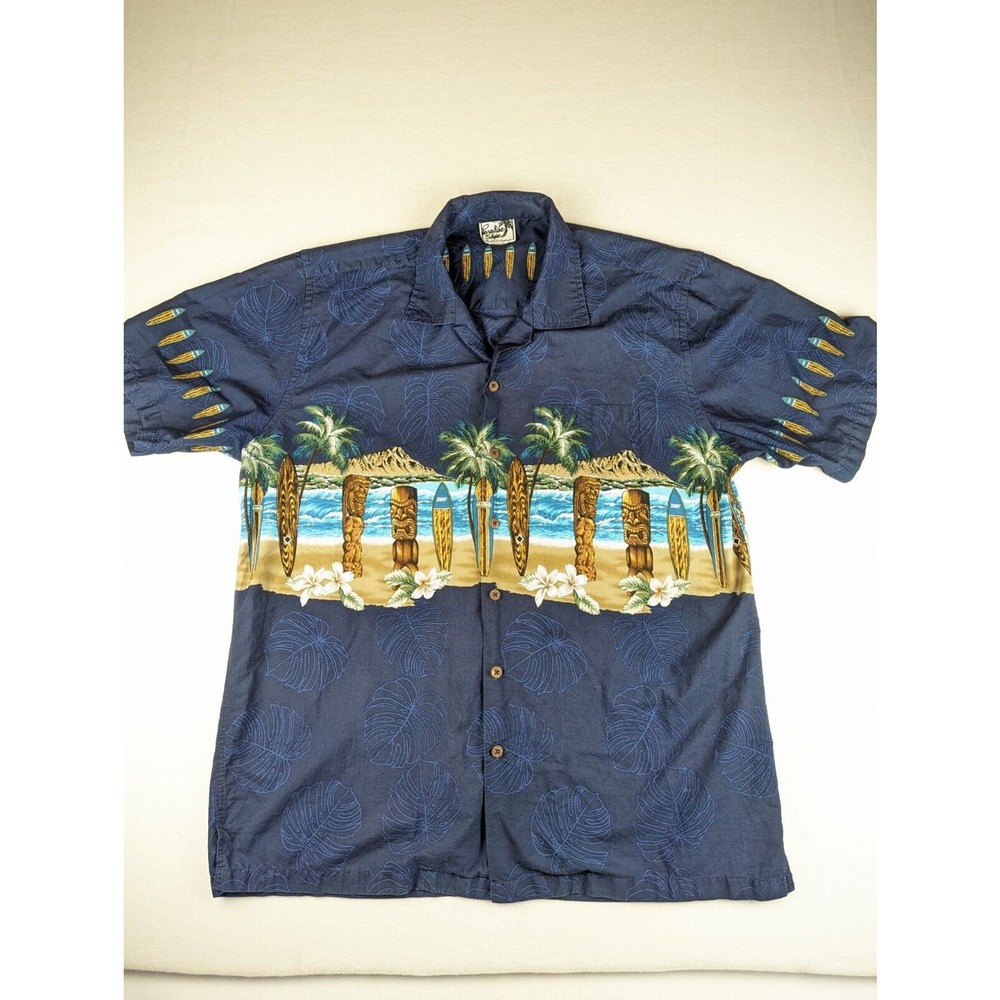 Men’s X-Large Paradise Style Tiki Blue Hawaiian Aloha Shirt Tikis